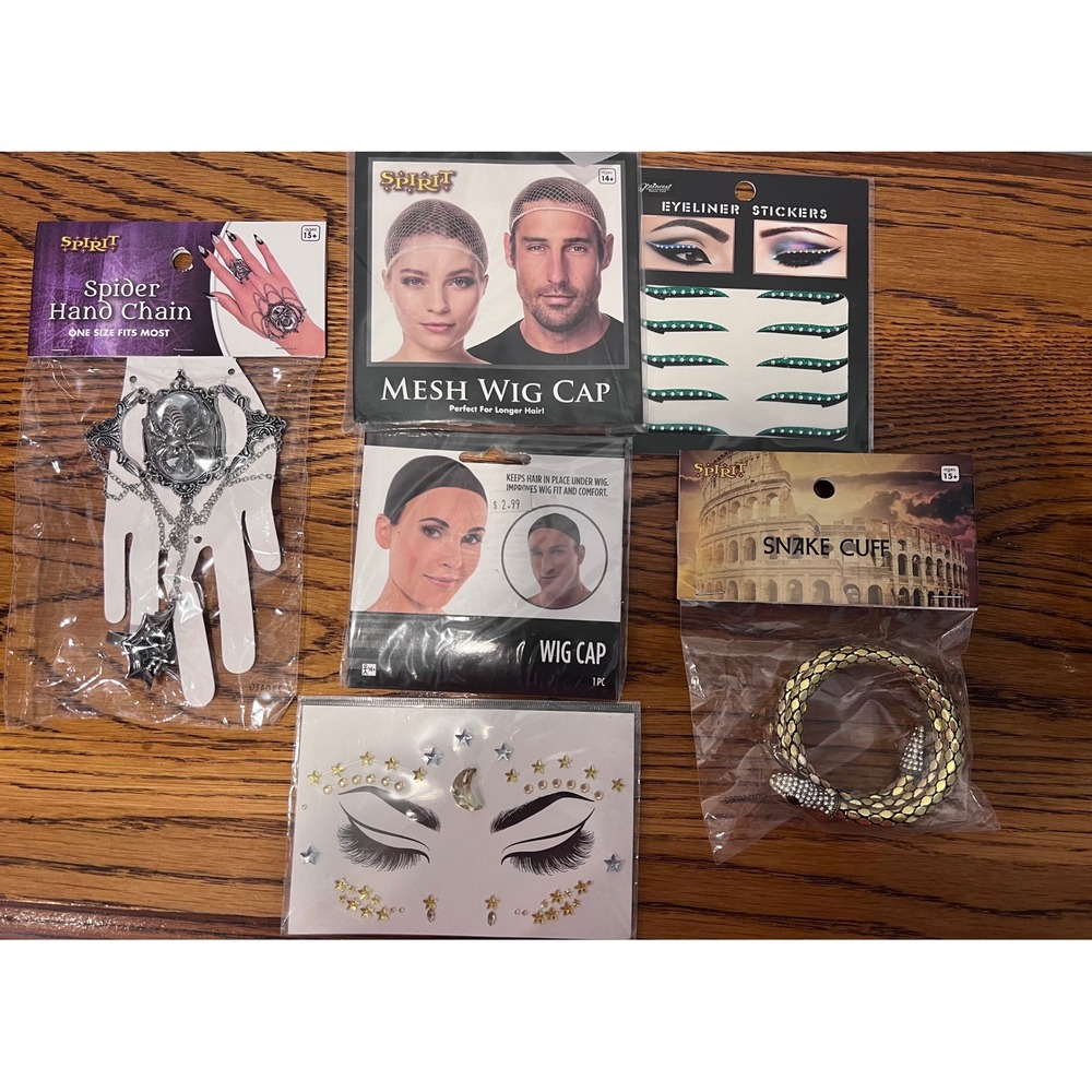 Halloween Costume Accessory Lot Spider Hand Chain Wig Caps Eyeliner & Face Gems